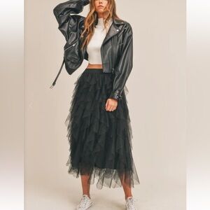 Carrie Black Textured Tulle Mesh Midi Skirt